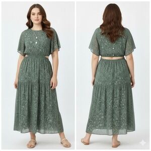 Madewell XL Sage Green Floral Cutout Tiered Midi Dress Puff Sleeve Button Back